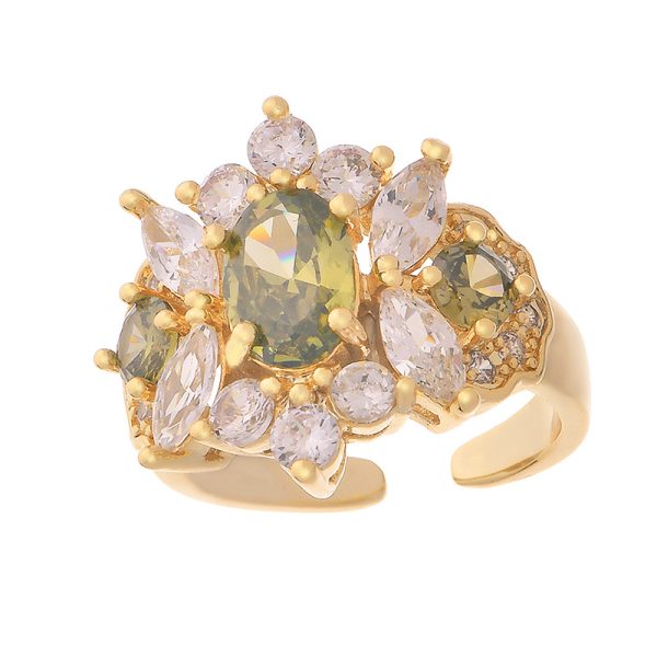 Olive Green Cubic Zirconia Floral Cluster Ring – Gold-Plated Brass Open Band