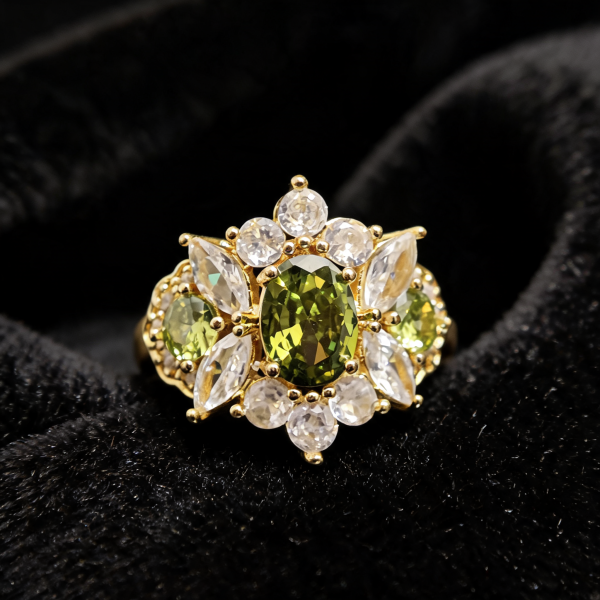 Olive Green Cubic Zirconia Floral Cluster Ring – Gold-Plated Brass Open Band