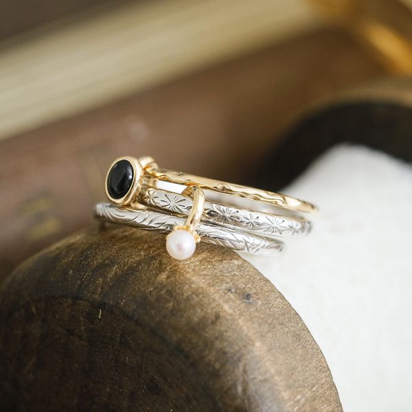 Black Agate Triple Band Ring in S925 Sterling Silver | French Vintage Multi-Layer Minimal Jewelry for Strength & Balance