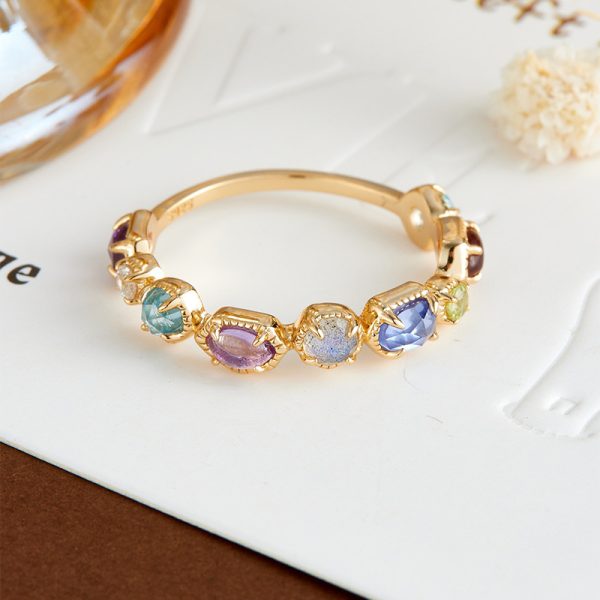 Multi-Stone Color Gem Ring in S925 Sterling Silver with 14K Gold Plating | French Vintage Rainbow Crystal Jewelry for Artistic Elegance