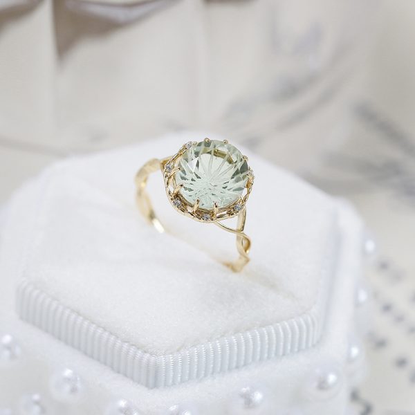 Green Amethyst Crystal Floral Ring in S925 Sterling Silver with 14K Gold Plating | Vintage Artistic Healing Crystal Ring