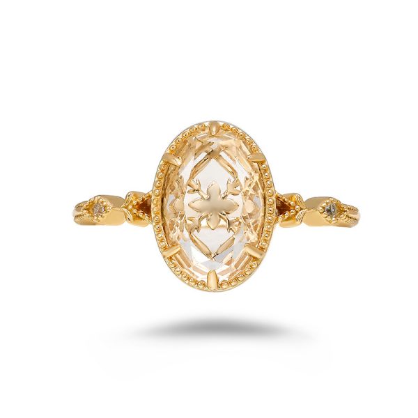 Vintage Carved White Crystal S925 Sterling Silver Gold Plated Ring | Calm & Clarity Energy